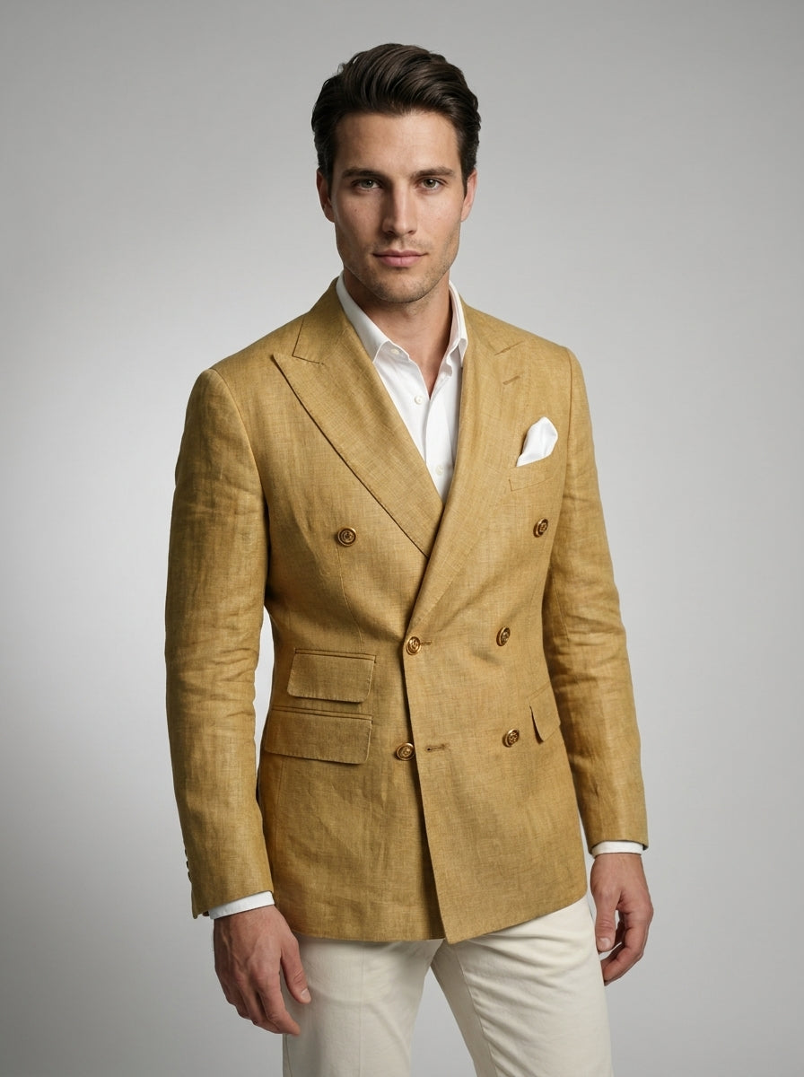 Men's Linen Peak Lapel Double Breasted Blazer