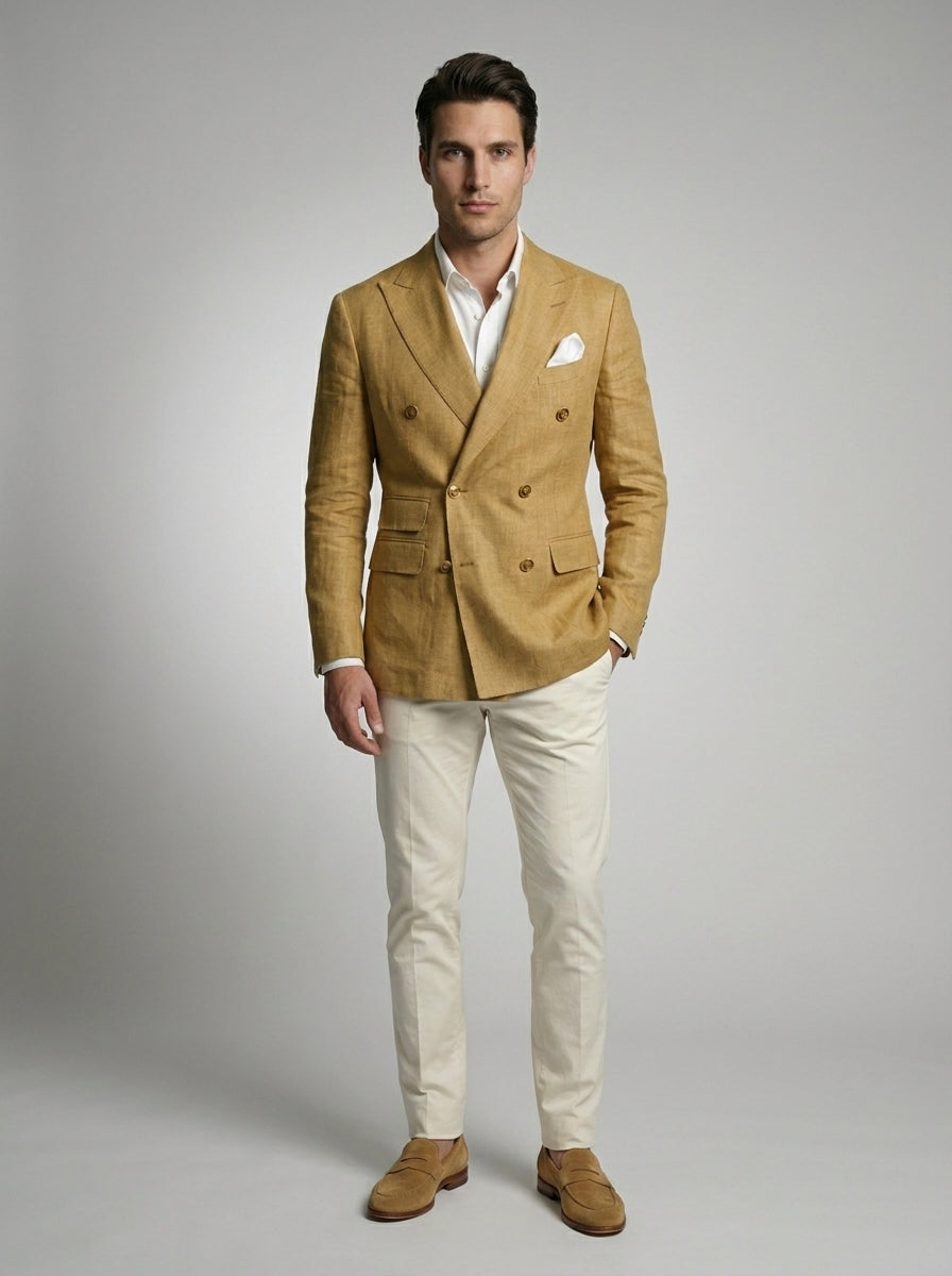 Men's Linen Peak Lapel Double Breasted Blazer