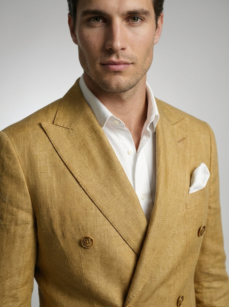 Men's Linen Peak Lapel Double Breasted Blazer