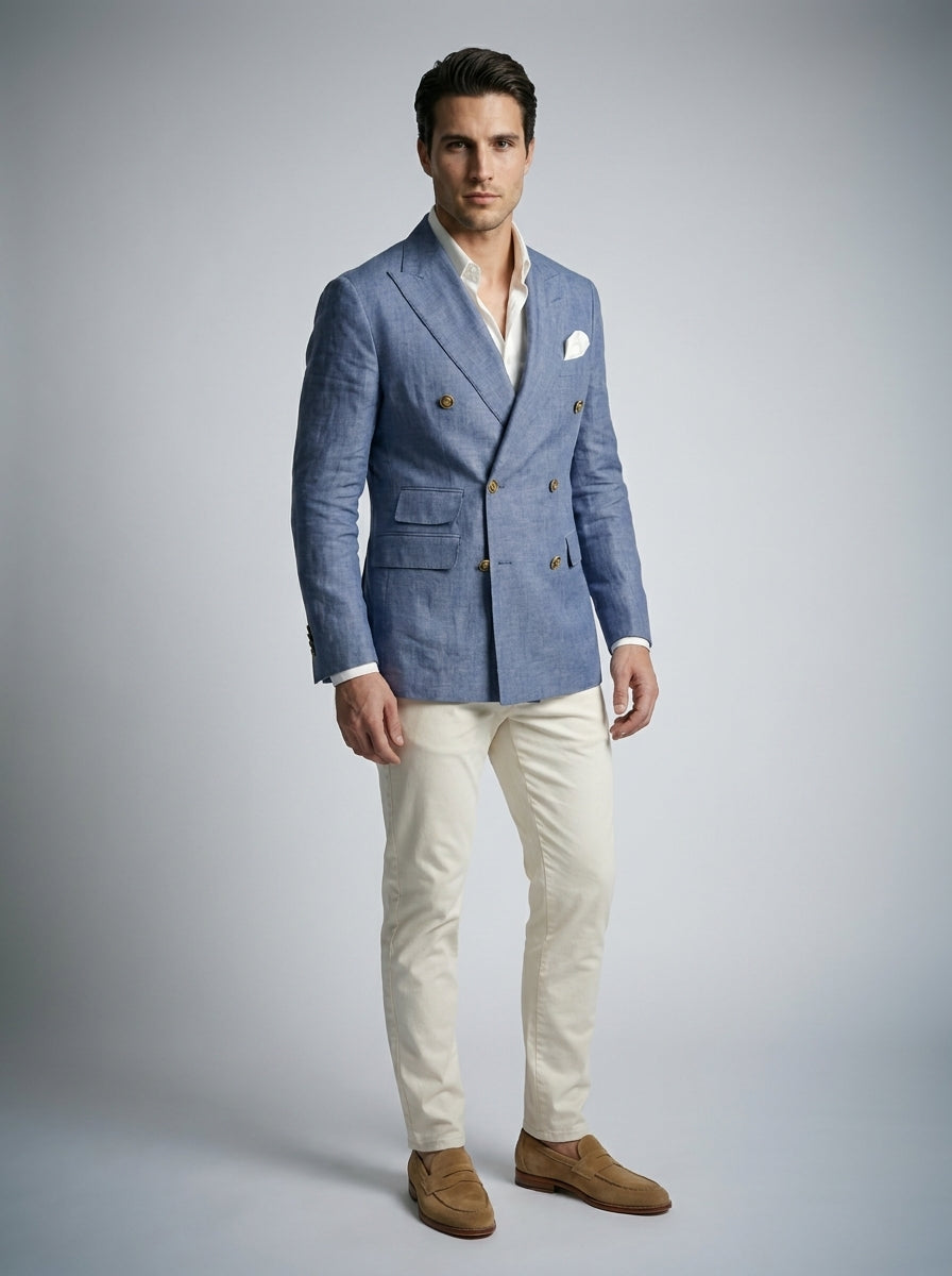 Men's Linen Peak Lapel Double Breasted Blazer