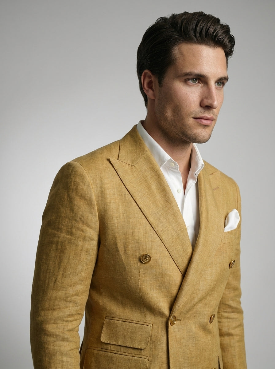 Men's Linen Peak Lapel Double Breasted Blazer