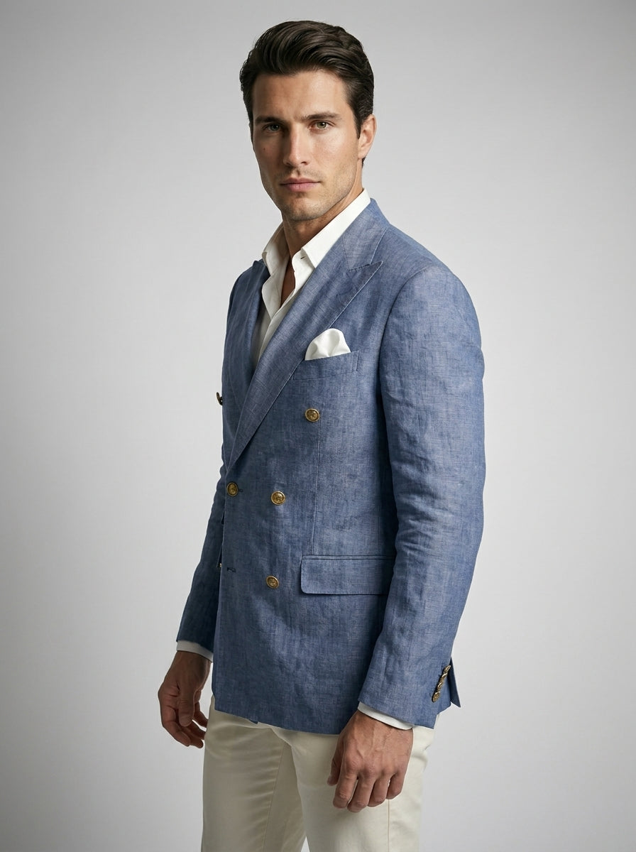 Men's Linen Peak Lapel Double Breasted Blazer
