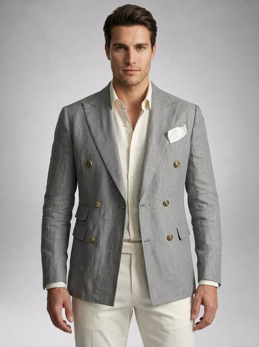 Men's Linen Peak Lapel Double Breasted Blazer
