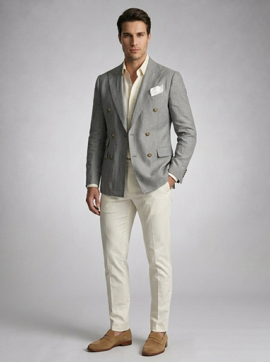 Men's Linen Peak Lapel Double Breasted Blazer