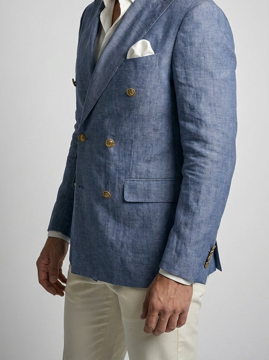 Men's Linen Peak Lapel Double Breasted Summer Blazer