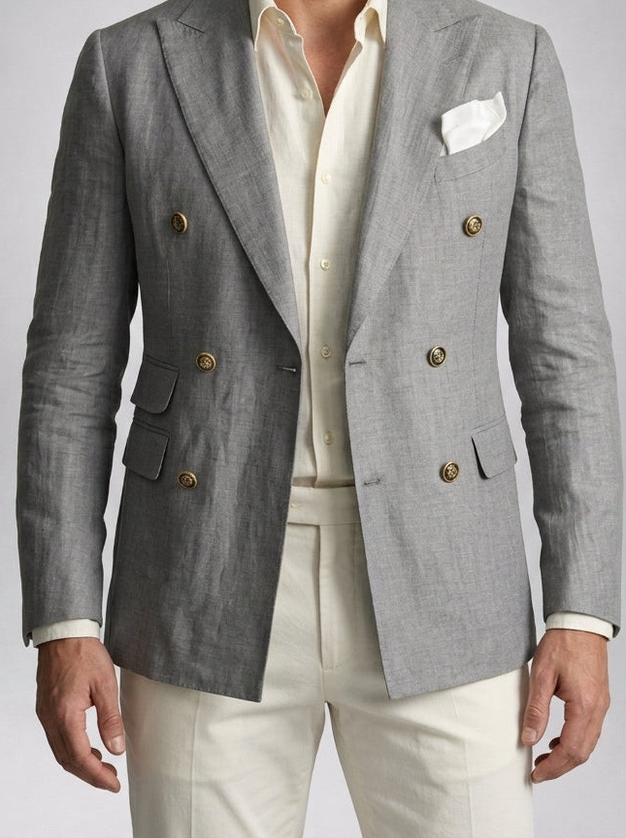 Men's Linen Peak Lapel Double Breasted Summer Blazer