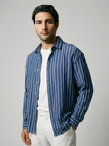 Men's Long Sleeve Crinkle Stripe Spread Collar Oversized Shirt