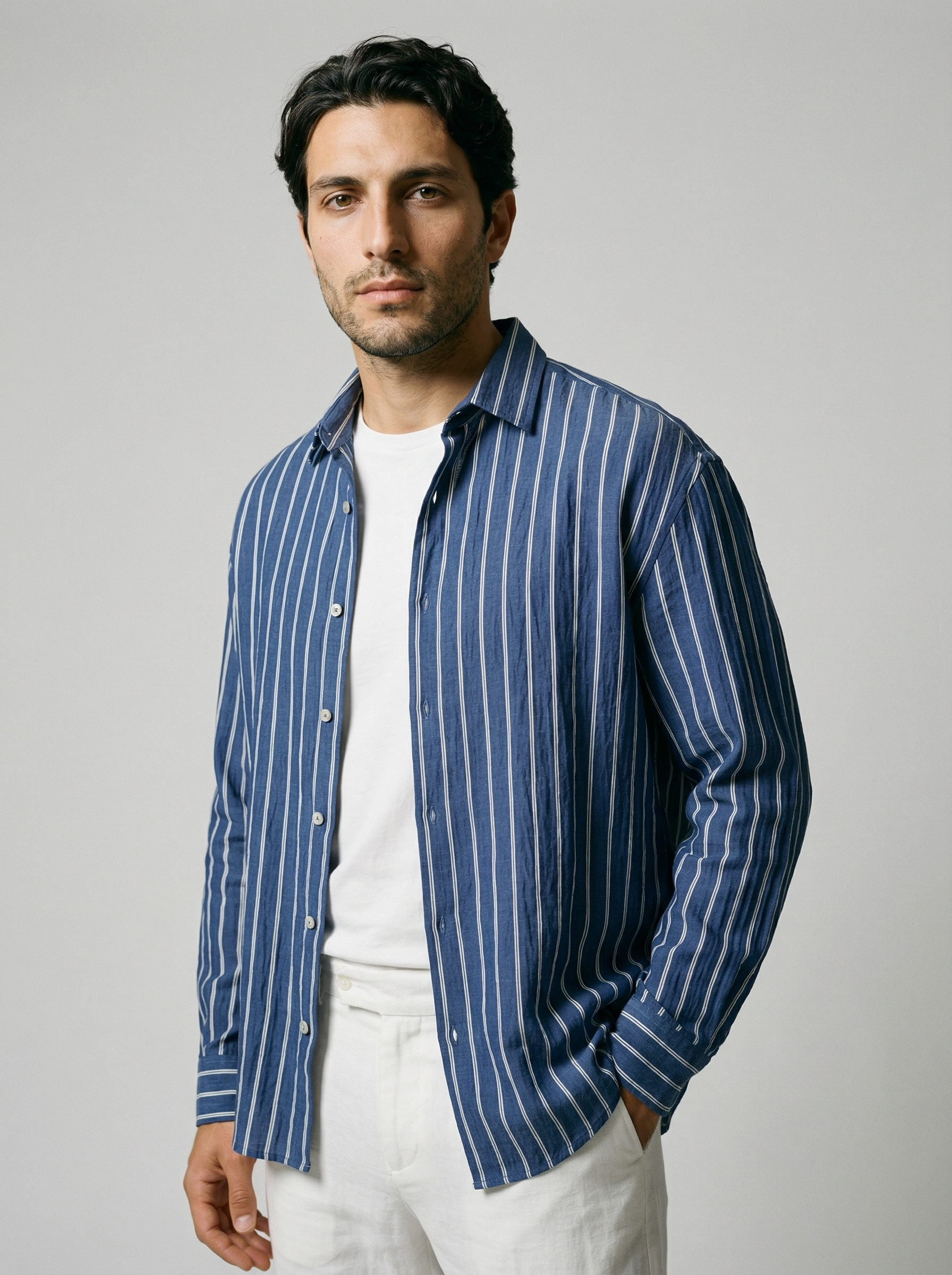 Men's Long Sleeve Crinkle Stripe Spread Collar Oversized Shirt