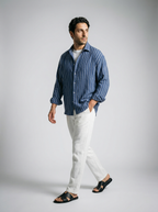Men's Long Sleeve Crinkle Stripe Spread Collar Oversized Shirt