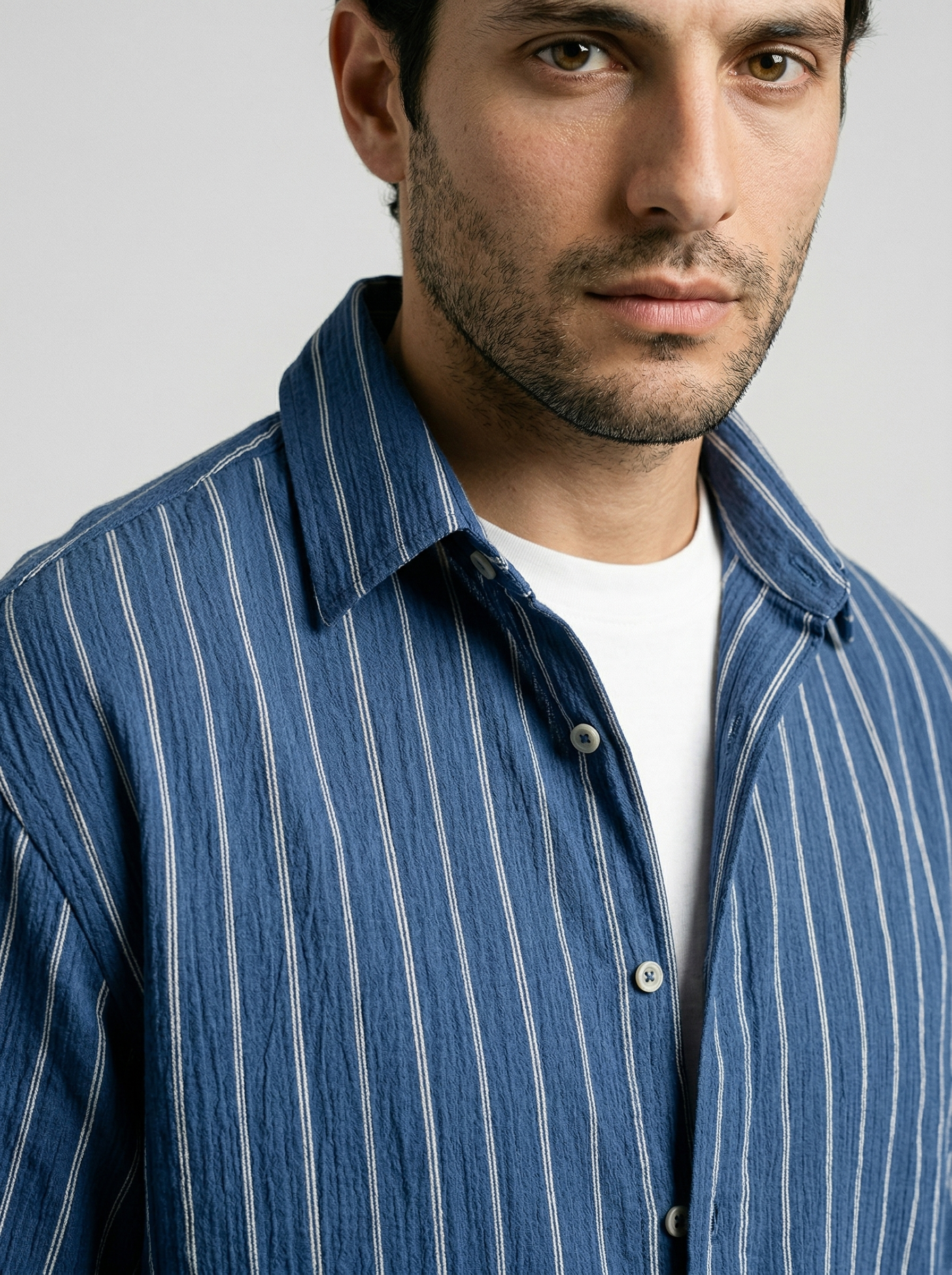 Men's Long Sleeve Crinkle Stripe Spread Collar Oversized Shirt