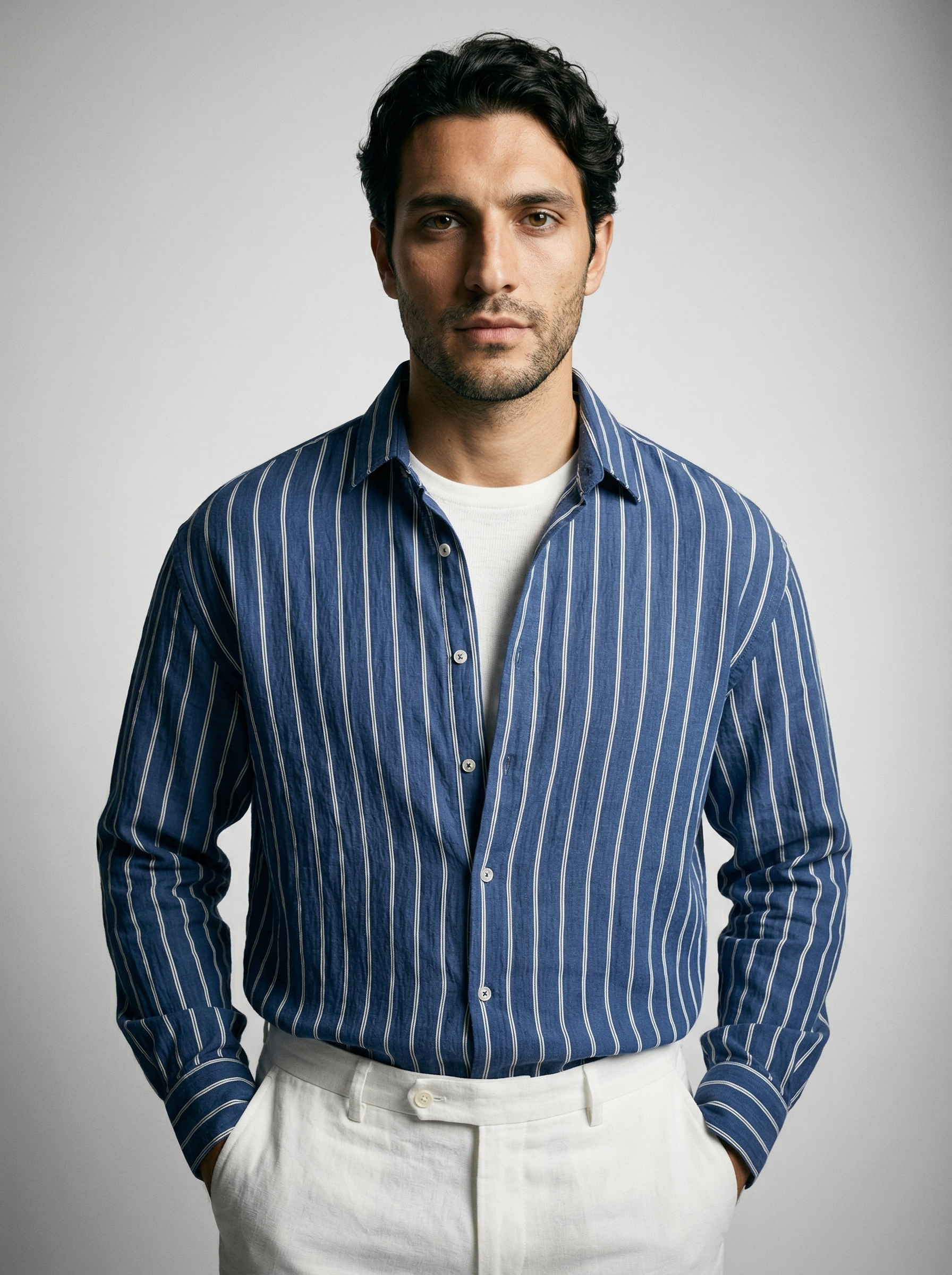 Men's Long Sleeve Crinkle Stripe Spread Collar Oversized Shirt