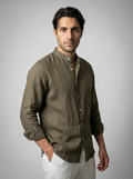 Men's Long Sleeve Linen Band Collar Shirt