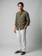 Men's Long Sleeve Linen Band Collar Shirt