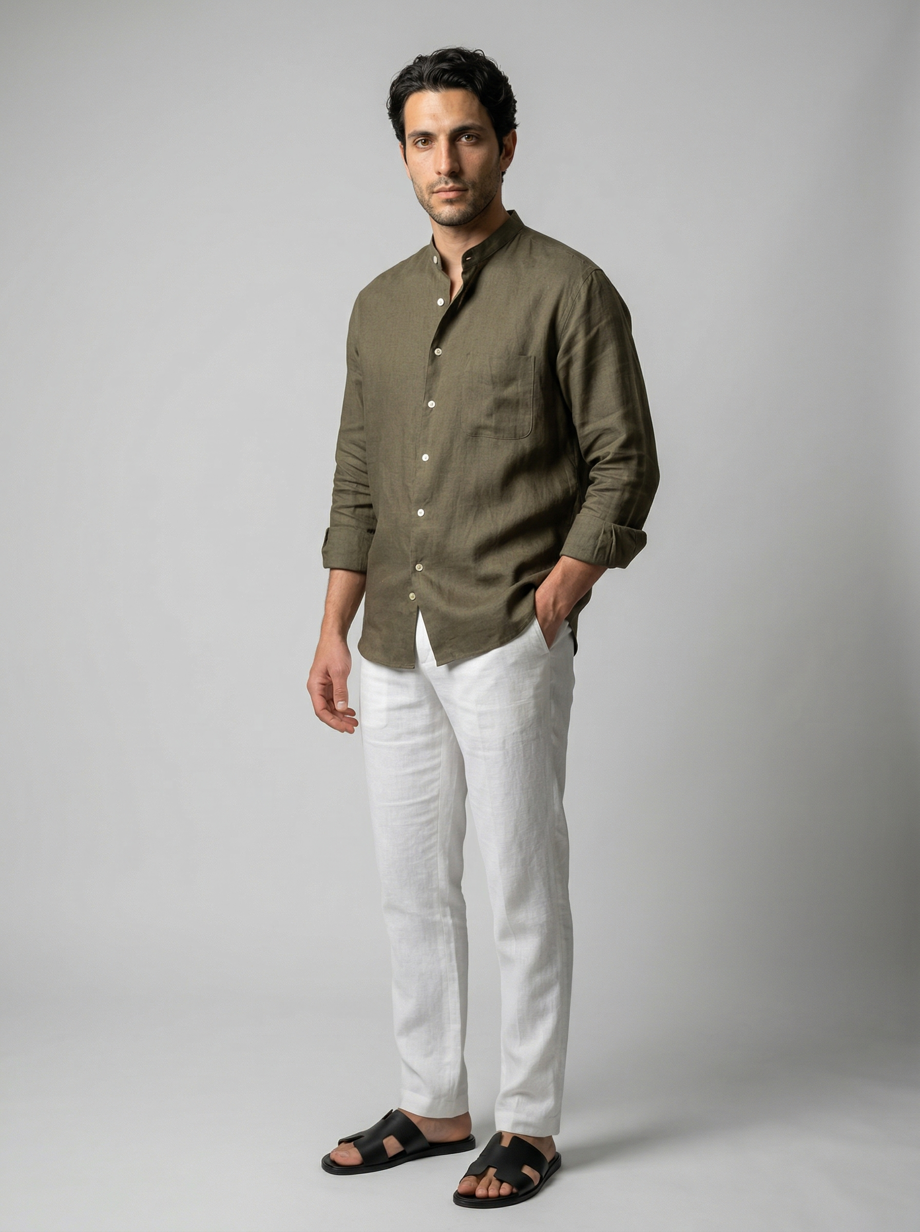 Men's Long Sleeve Linen Band Collar Shirt