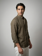 Men's Long Sleeve Linen Band Collar Shirt
