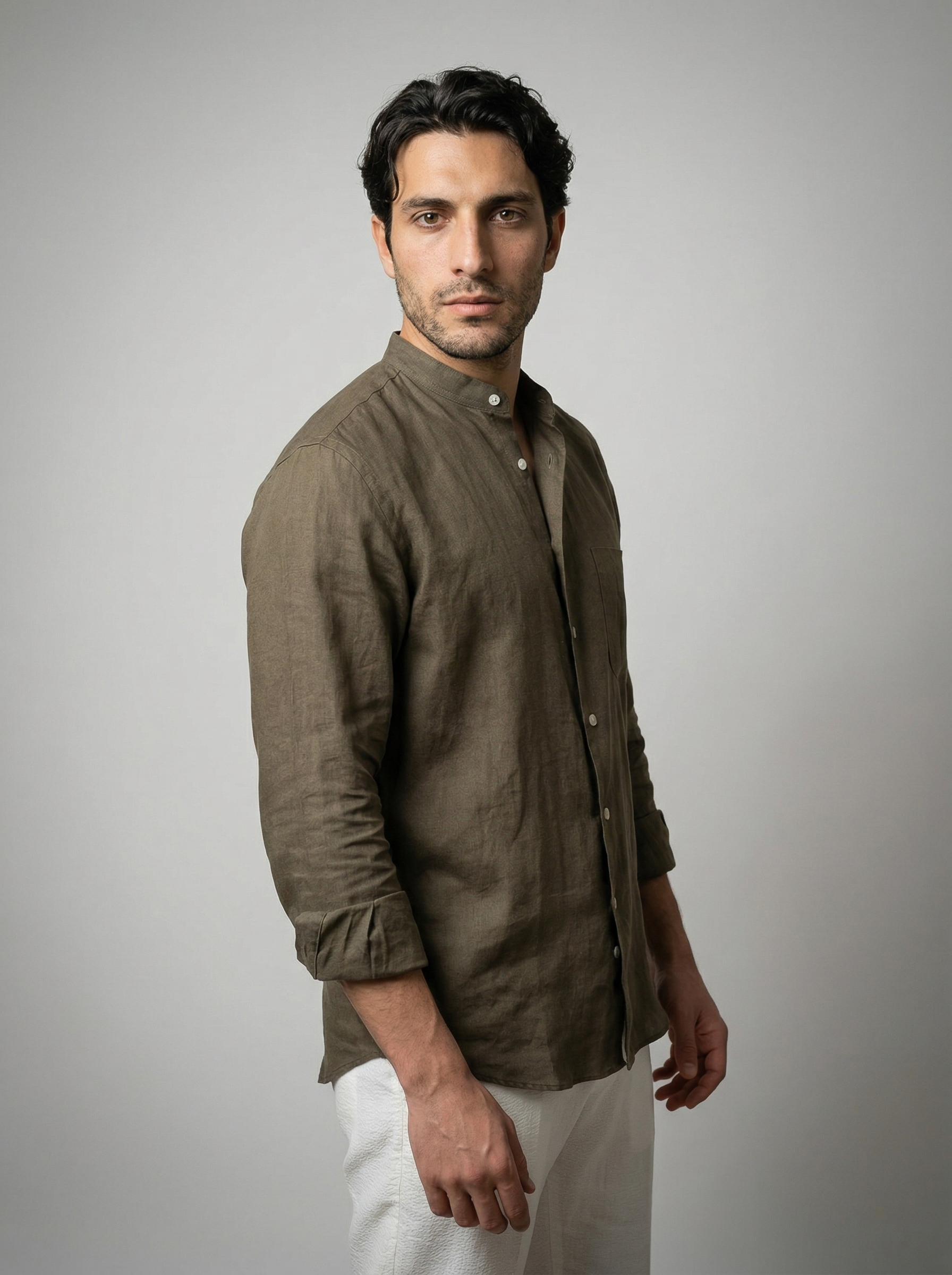 Men's Long Sleeve Linen Band Collar Shirt
