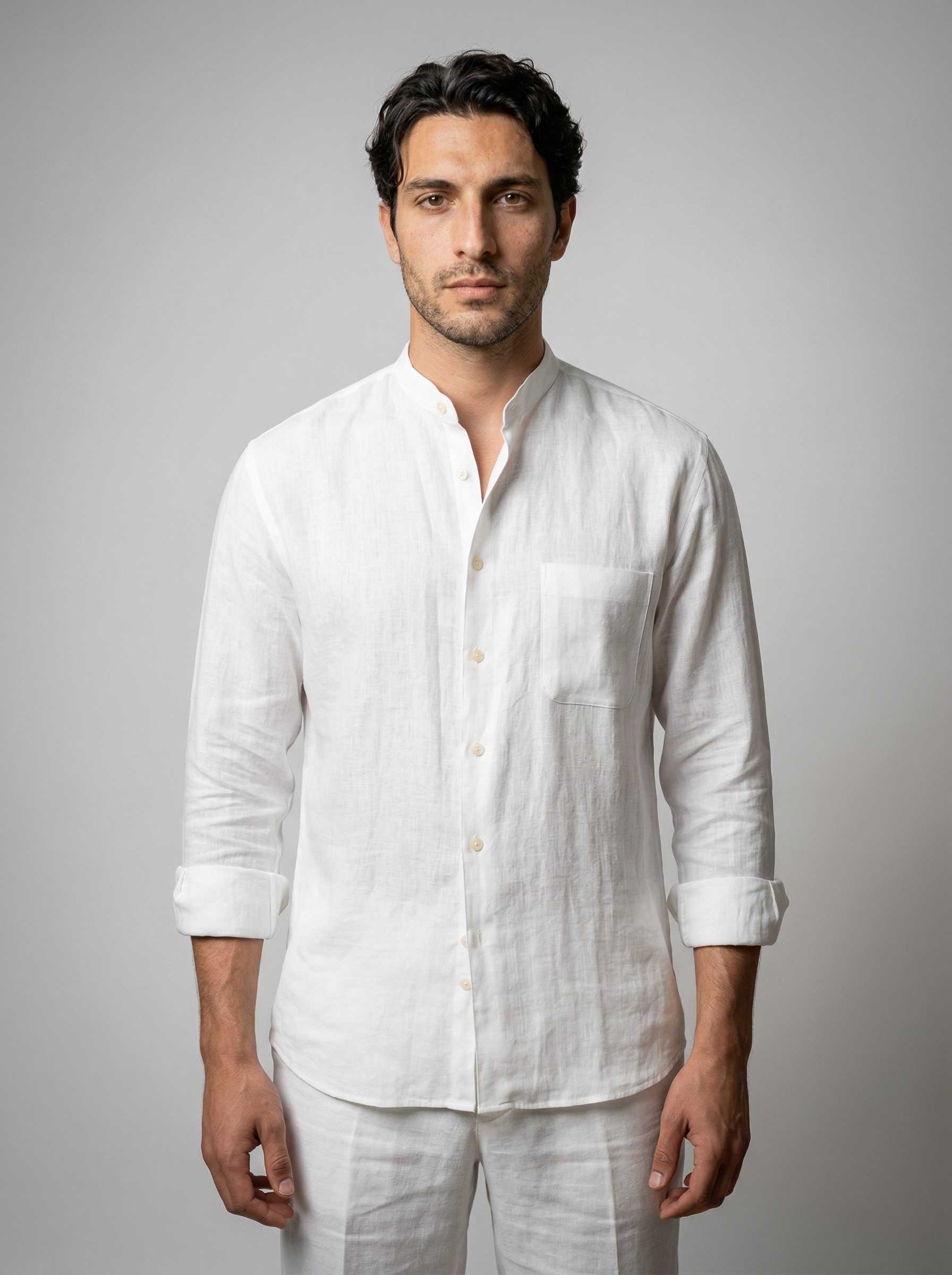 Men's Long Sleeve Linen Band Collar Shirt