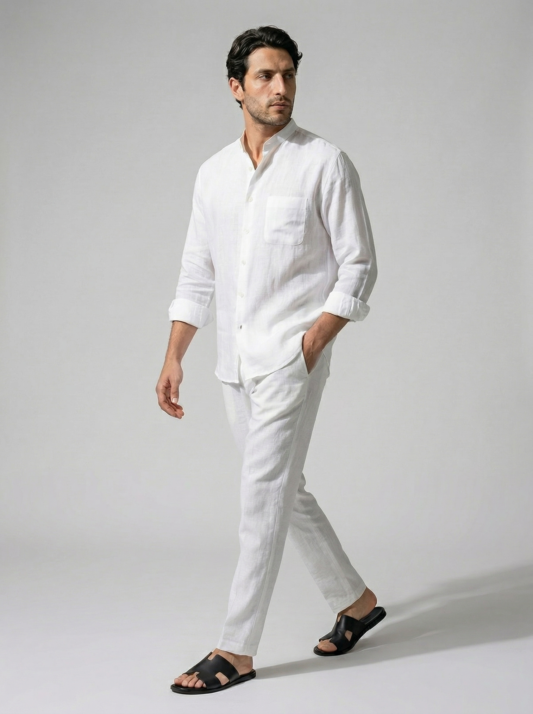 Men's Long Sleeve Linen Band Collar Shirt