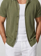 Men's Open Mesh Knit Short Sleeve Camp Collar Summer Shirt