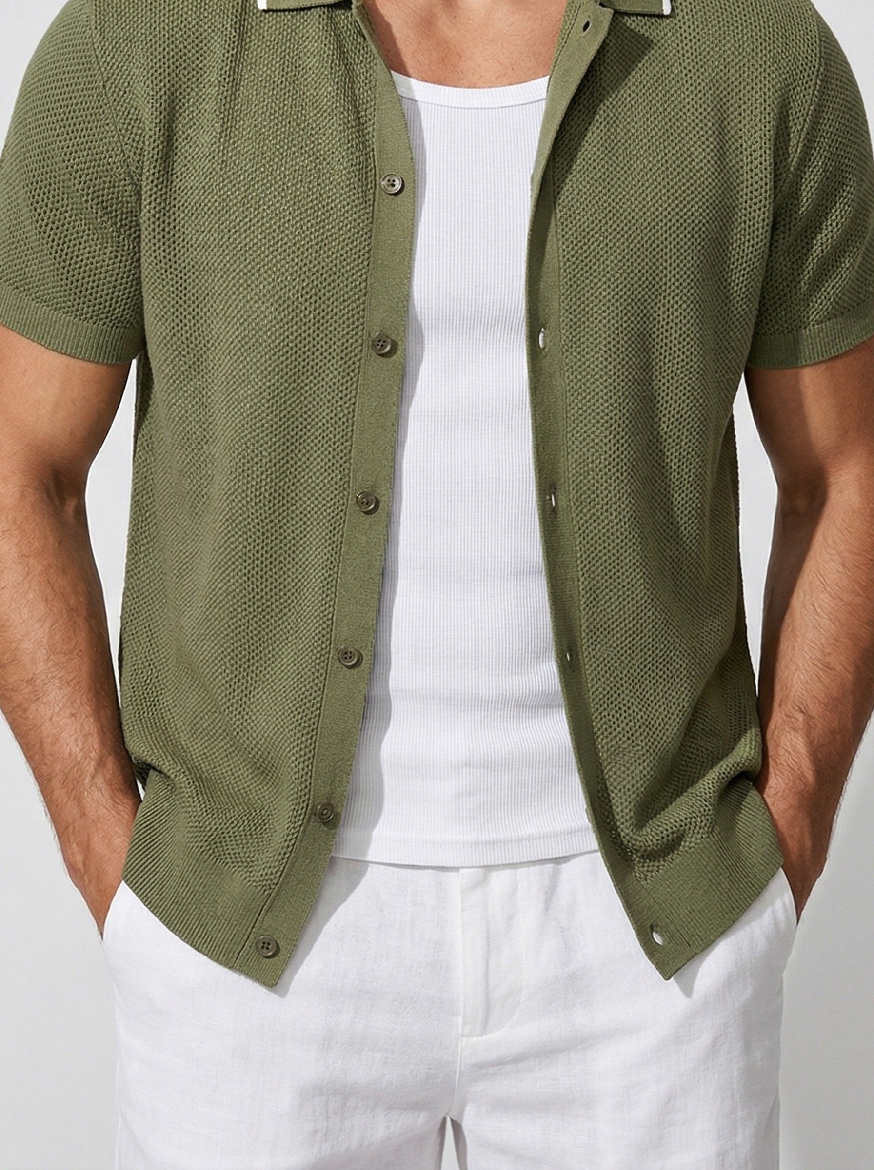 Men's Open Mesh Knit Short Sleeve Camp Collar Summer Shirt