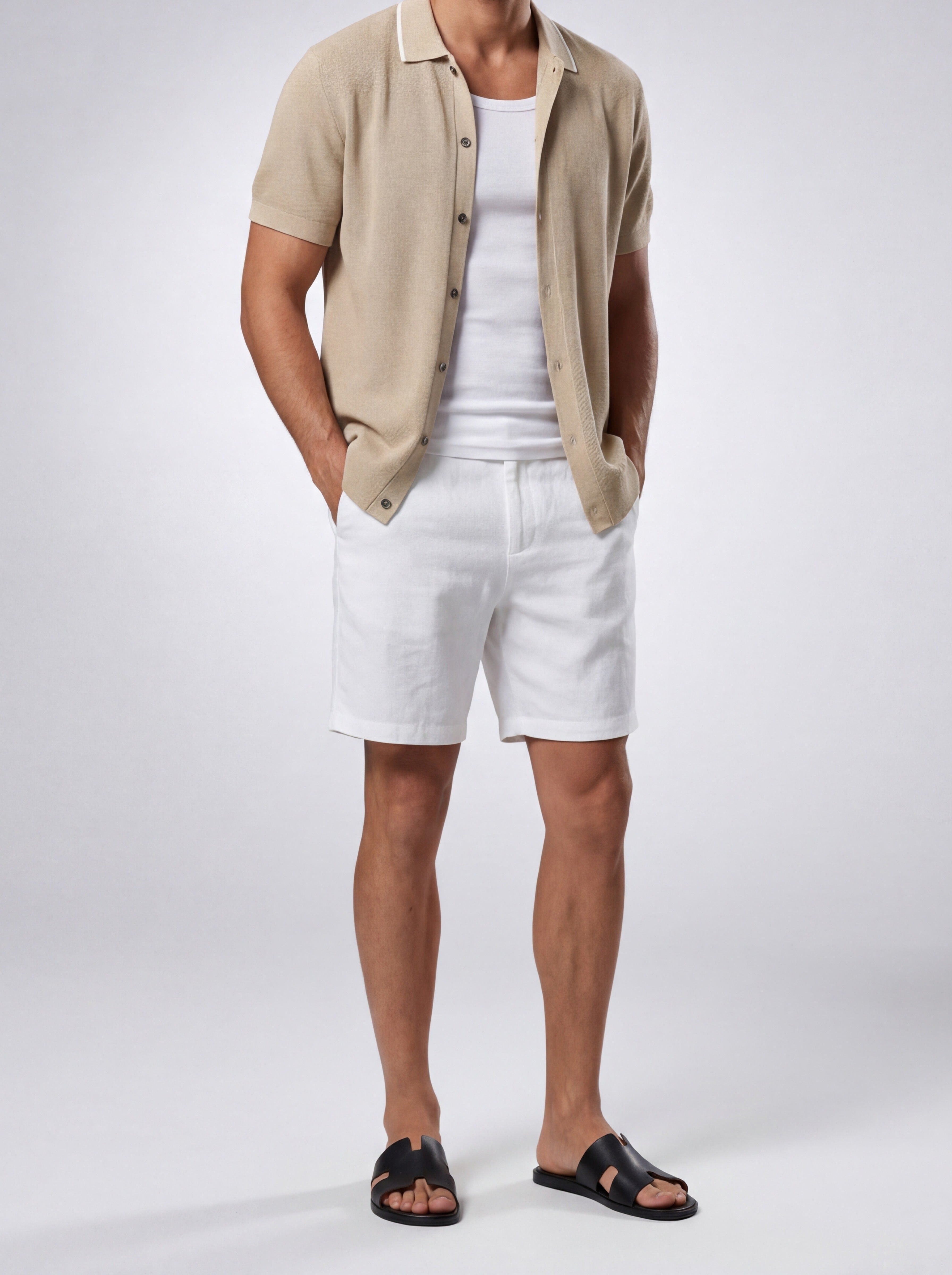 Men's Open Mesh Knit Short Sleeve Camp Collar Summer Shirt
