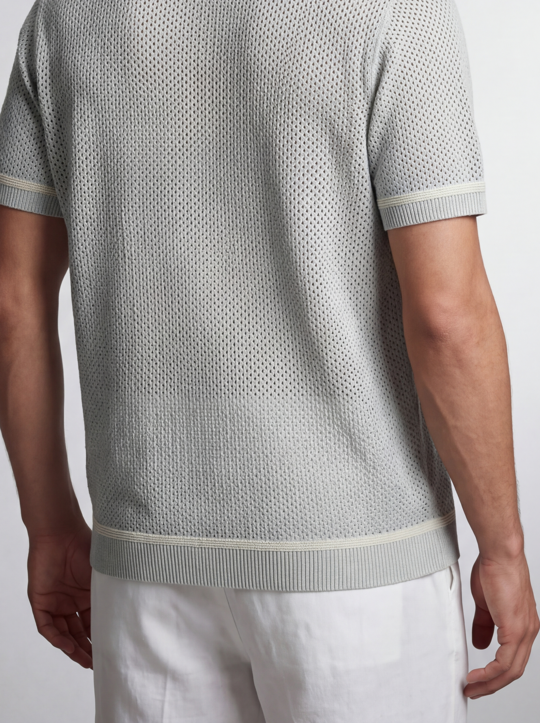 Men's Open Mesh Knit Short Sleeve Shirt with Camp Collar and Chest Pocket