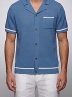 Men's Open Mesh Knit Short Sleeve Shirt with Camp Collar and Chest Pocket