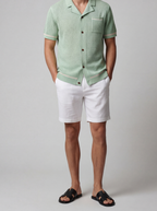 Men's Open Mesh Knit Short Sleeve Shirt with Camp Collar and Chest Pocket