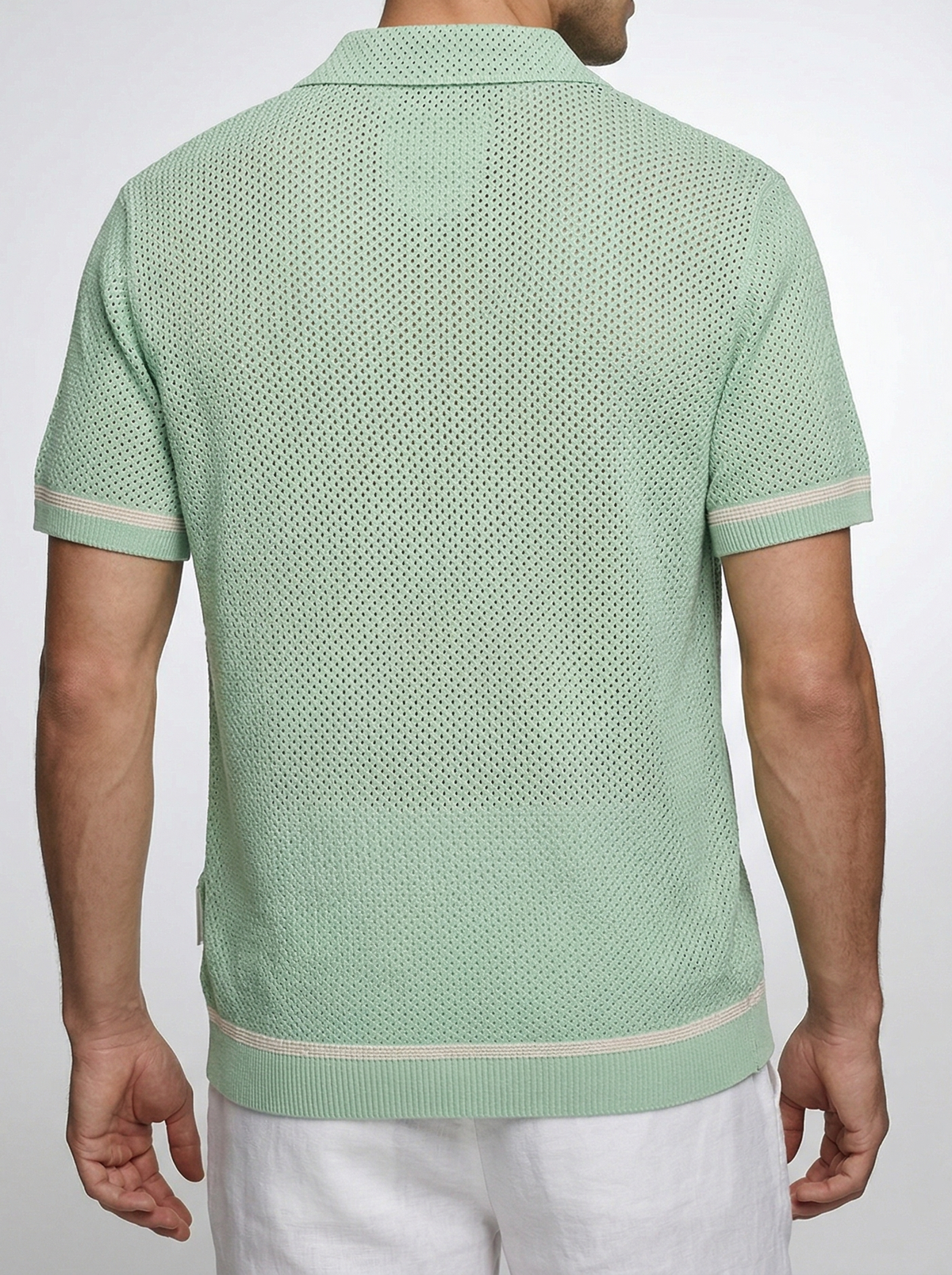 Men's Open Mesh Knit Short Sleeve Shirt with Camp Collar and Chest Pocket