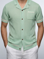 Men's Open Mesh Knit Short Sleeve Shirt with Camp Collar and Chest Pocket