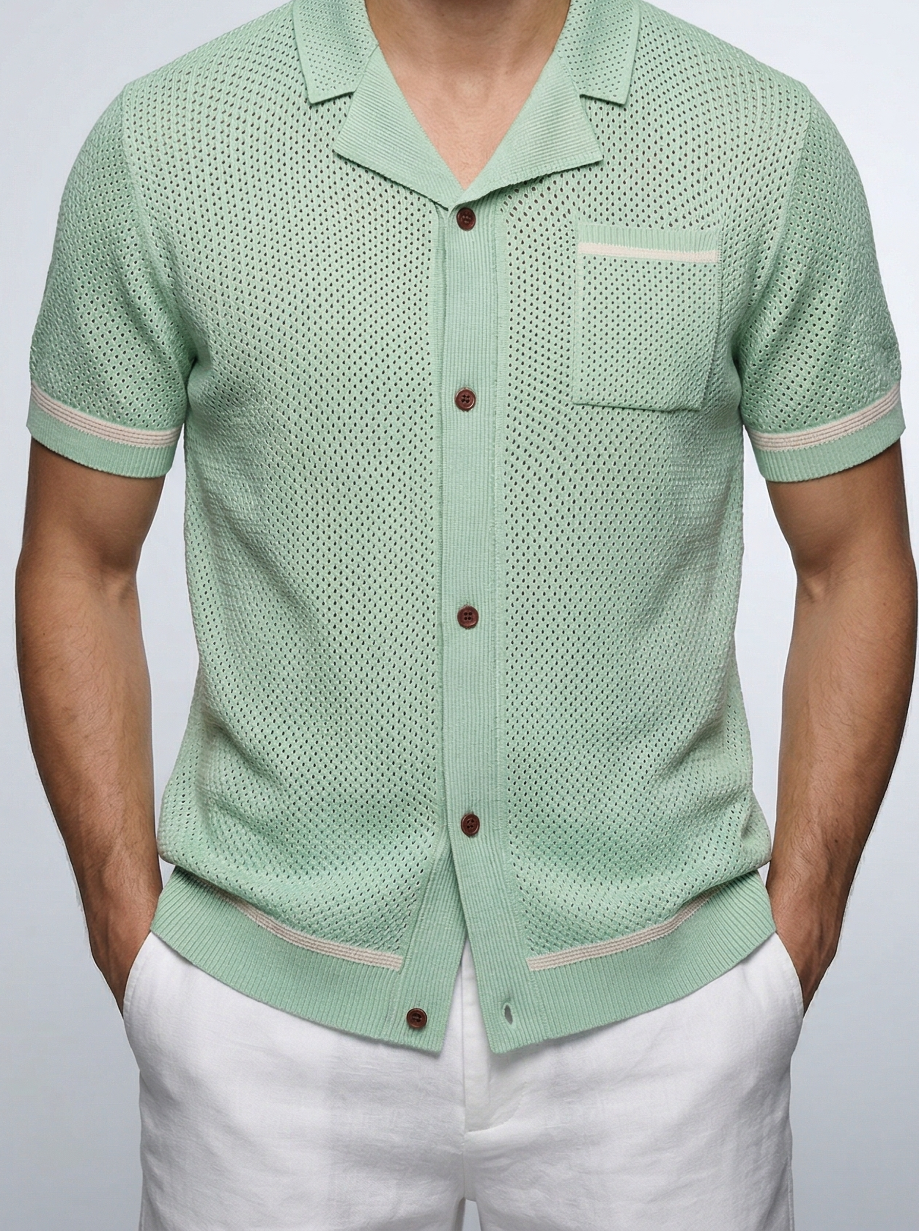 Men's Open Mesh Knit Short Sleeve Shirt with Camp Collar and Chest Pocket