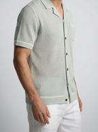 Men's Open Mesh Knit Short Sleeve Shirt with Camp Collar and Chest Pocket
