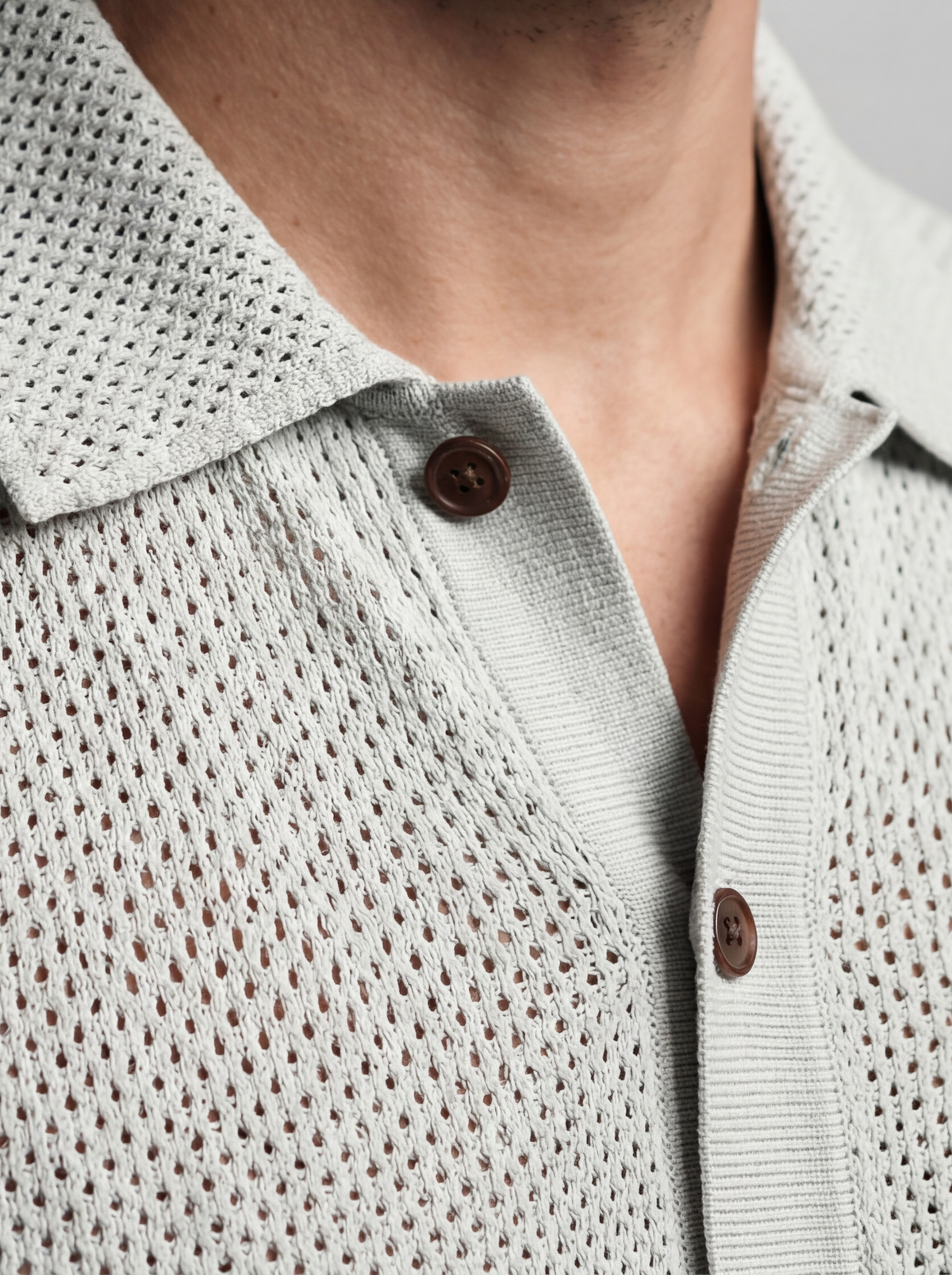 Men's Open Mesh Knit Short Sleeve Shirt with Camp Collar and Chest Pocket