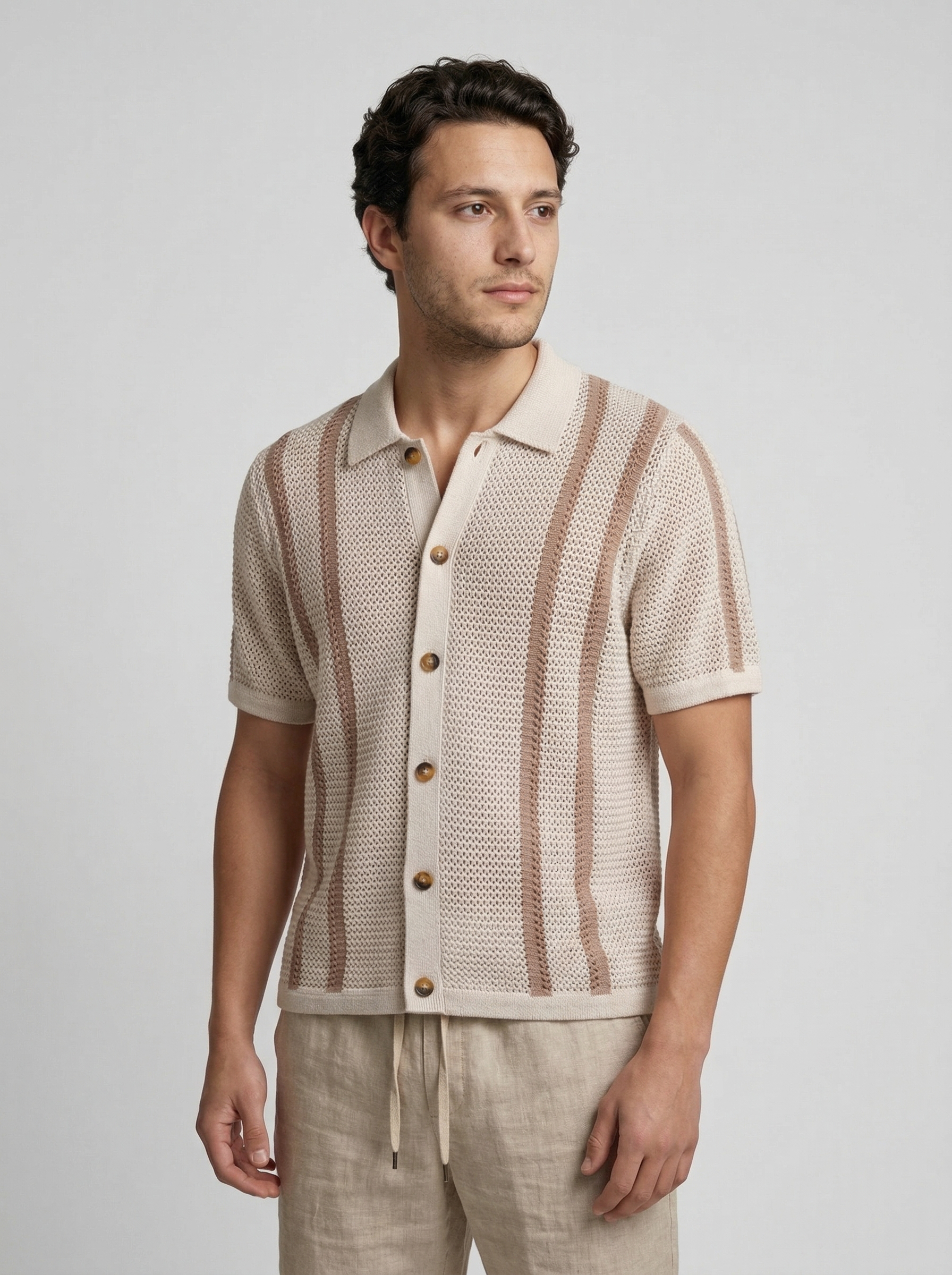 Men's Open Weave Knit Striped Button Down Shirt