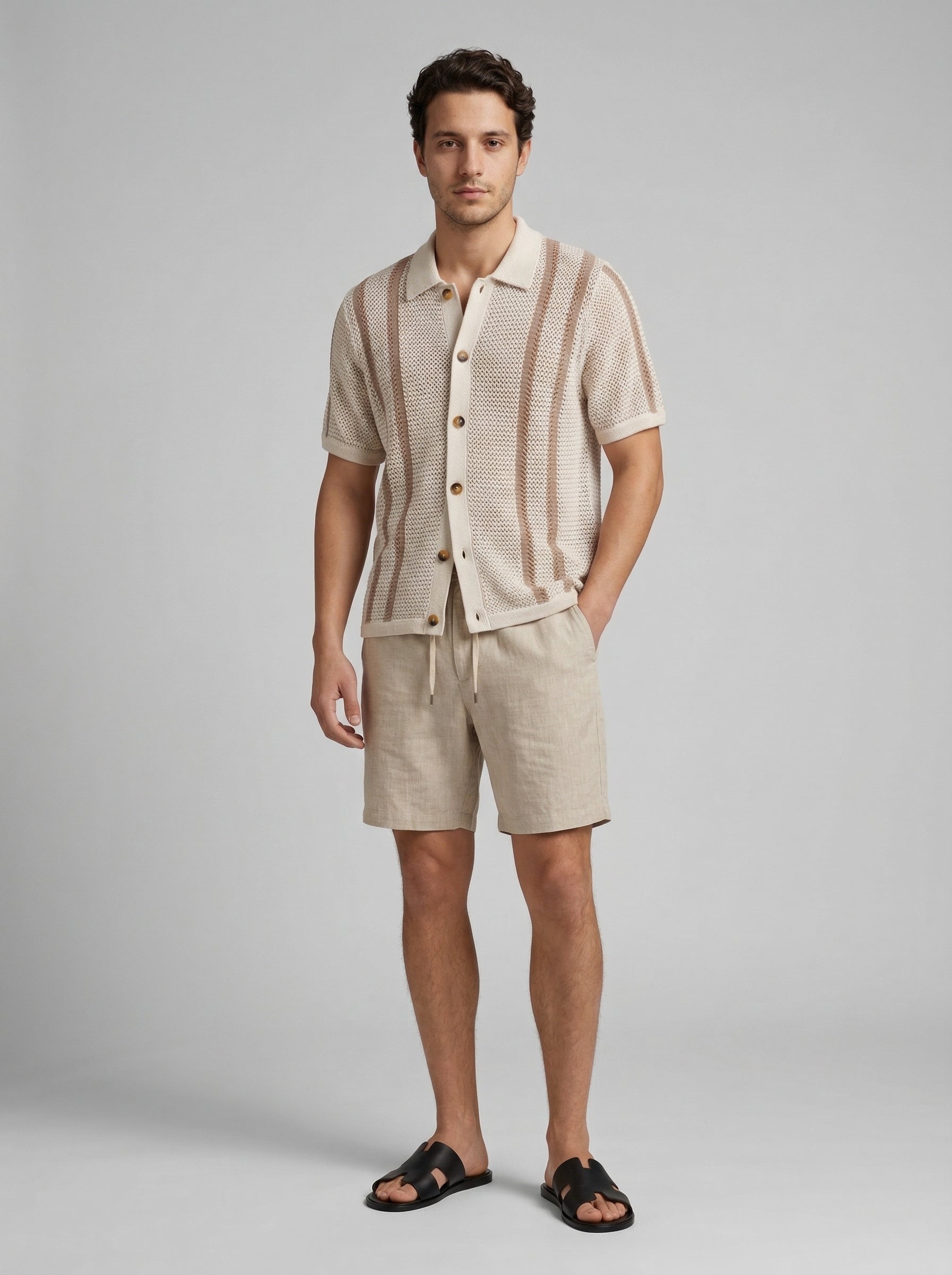 Men's Open Weave Knit Striped Button Down Shirt