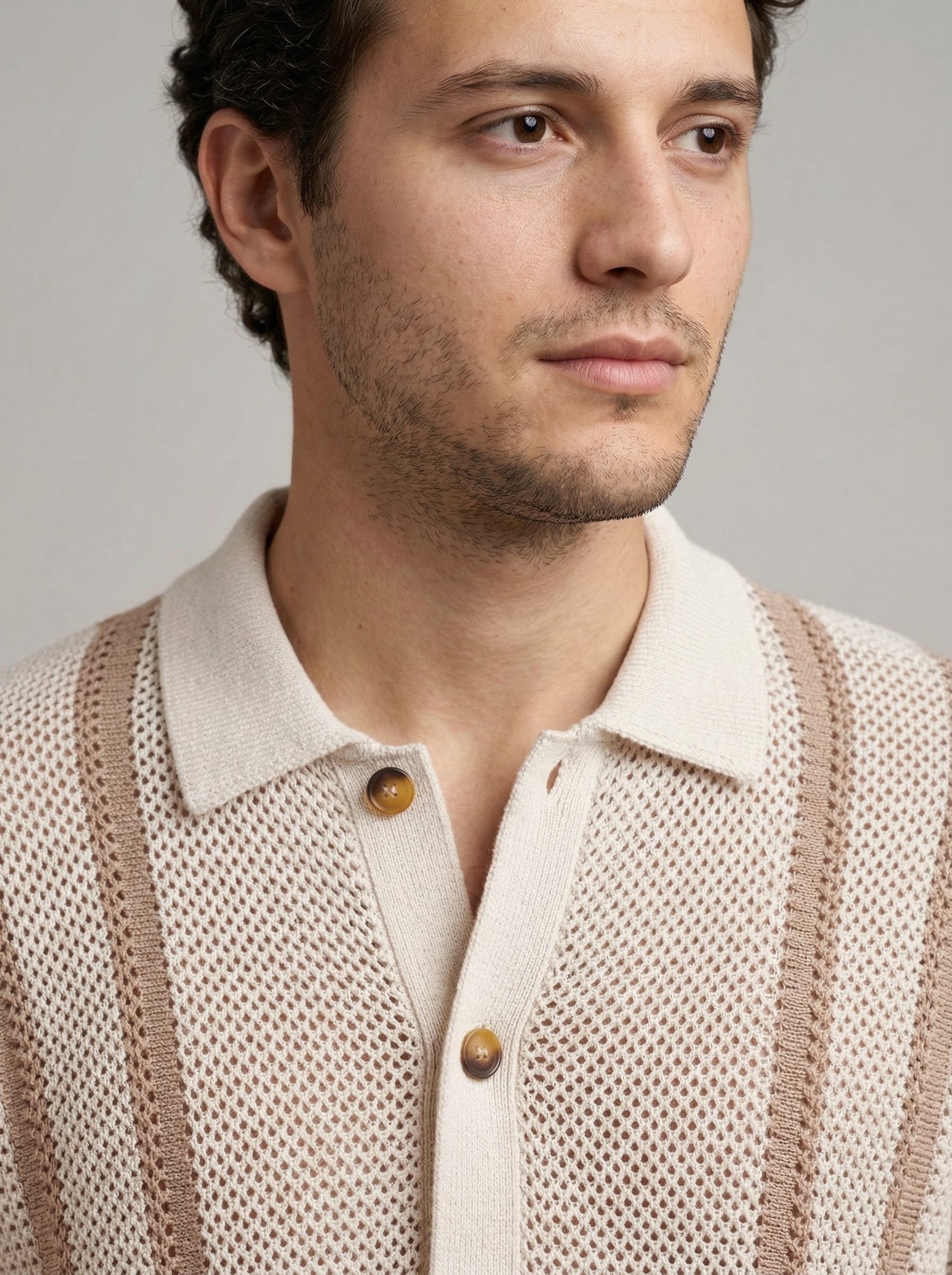 Men's Open Weave Knit Striped Button Down Shirt