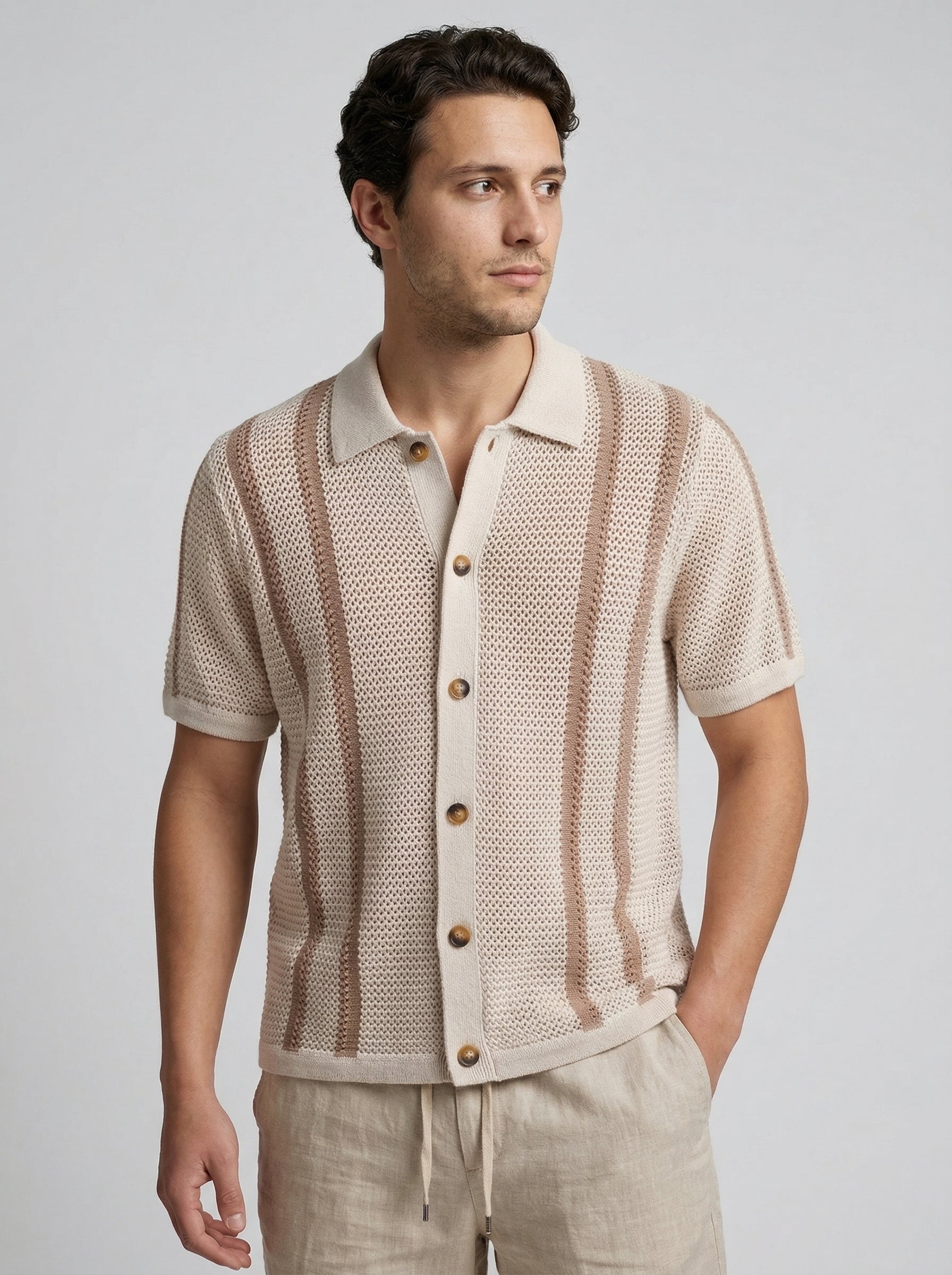 Men's Open Weave Knit Striped Button Down Shirt