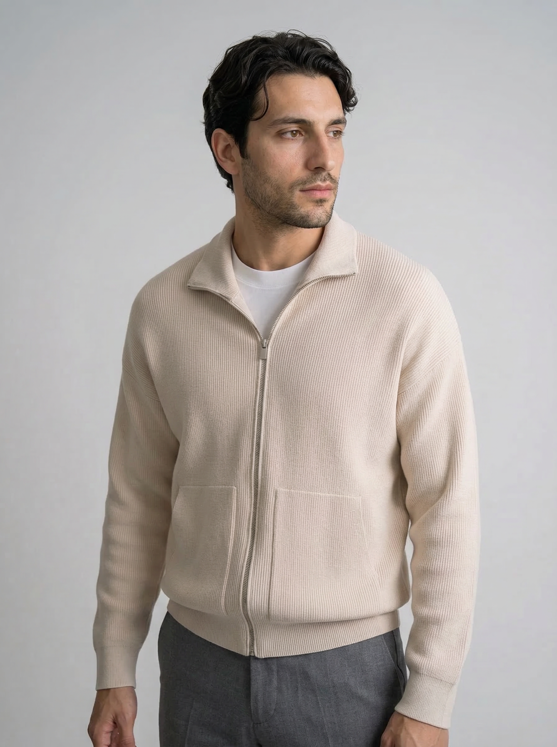 Men's Ottoman Rib Wool Full Zip Cardigan