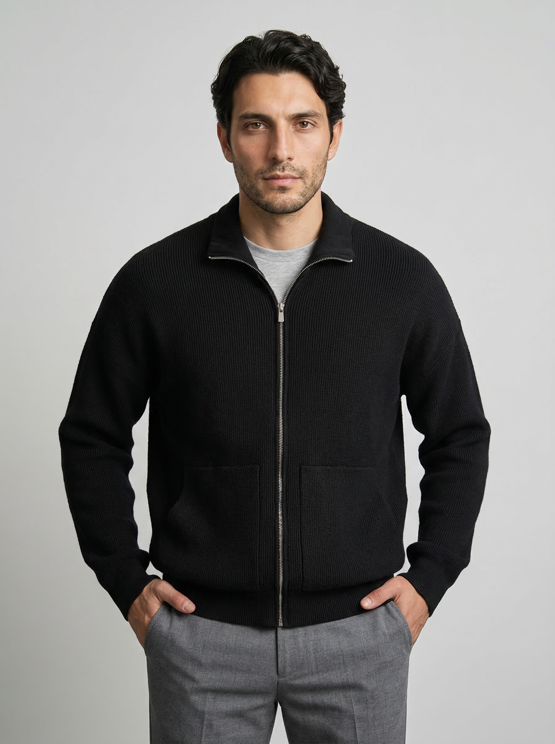 Men's Ottoman Rib Wool Full Zip Cardigan