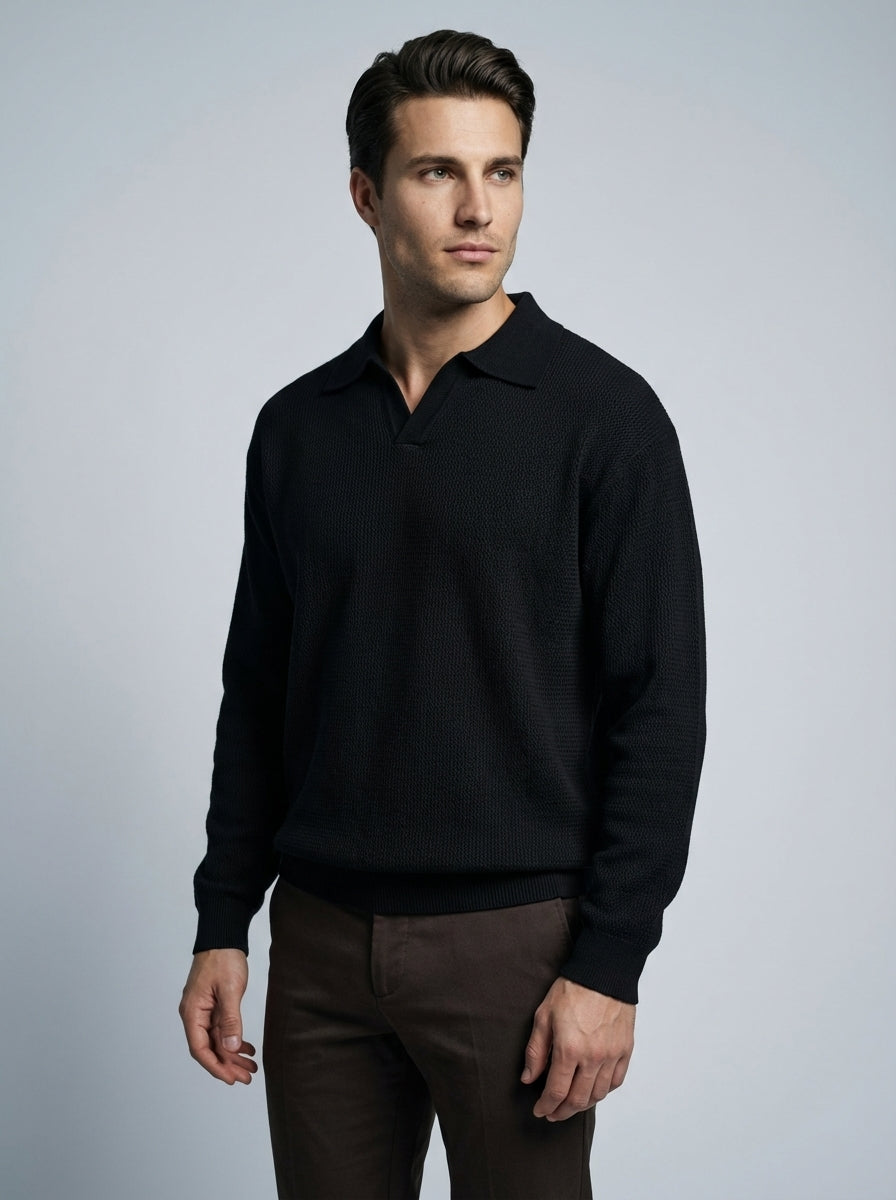 Men's Oversized Waffle Knit Long Sleeve Polo Shirt