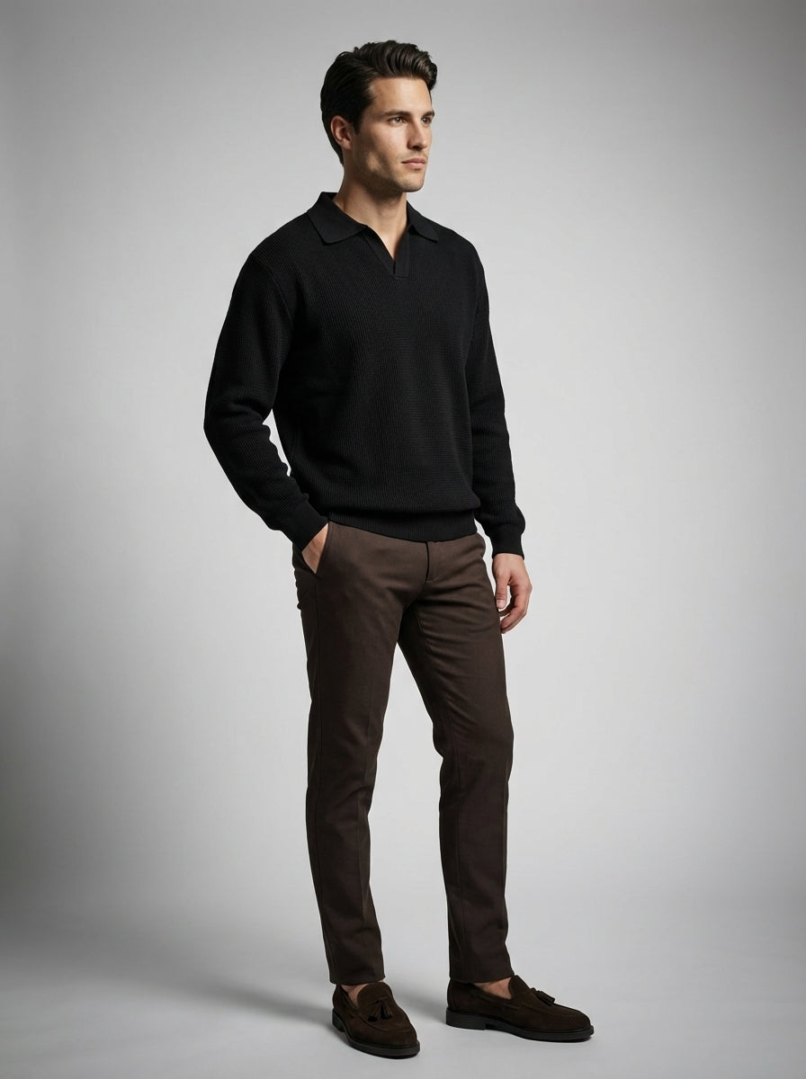 Men's Oversized Waffle Knit Long Sleeve Polo Shirt