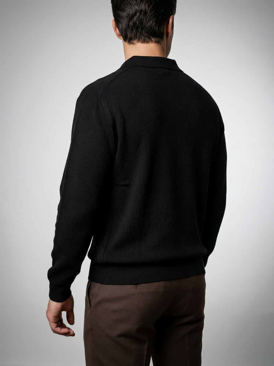 Men's Oversized Waffle Knit Long Sleeve Polo Shirt