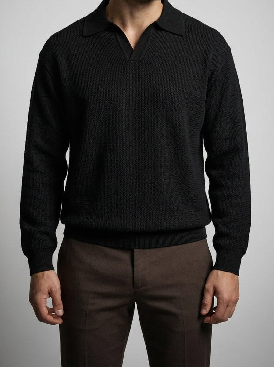 Men's Oversized Waffle Knit Long Sleeve Polo Shirt