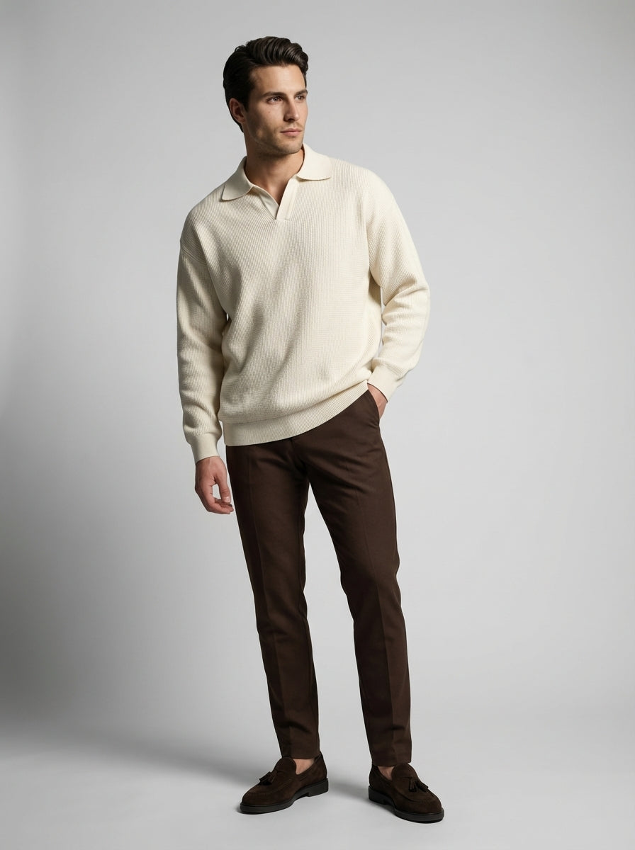 Men's Oversized Waffle Knit Long Sleeve Polo Shirt