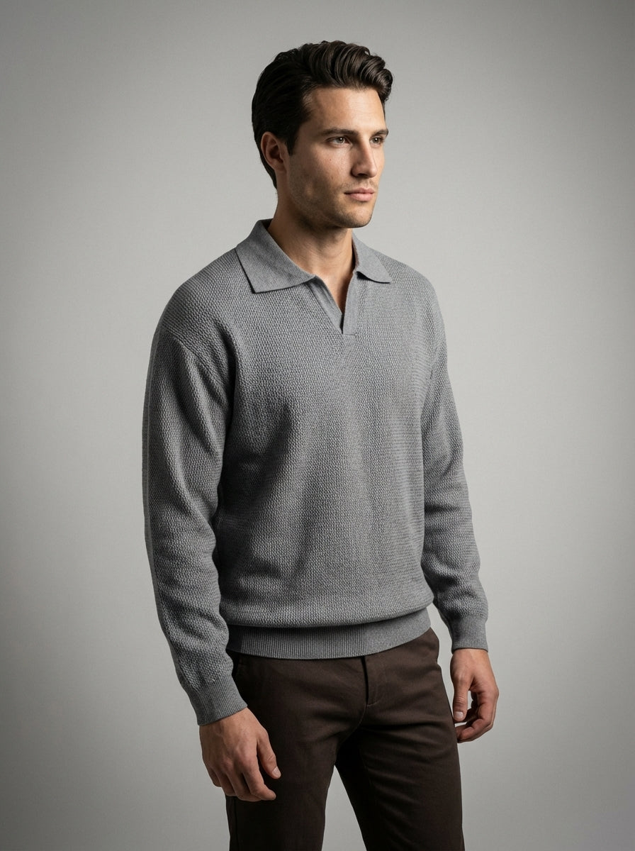 Men's Oversized Waffle Knit Long Sleeve Polo Shirt
