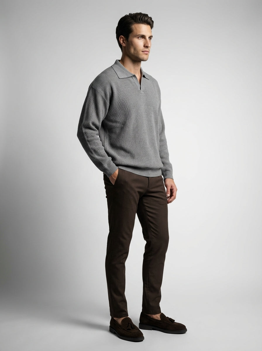 Men's Oversized Waffle Knit Long Sleeve Polo Shirt