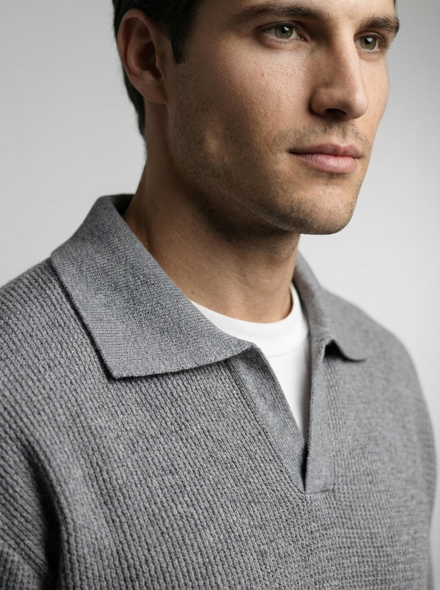 Men's Oversized Waffle Knit Long Sleeve Polo Shirt