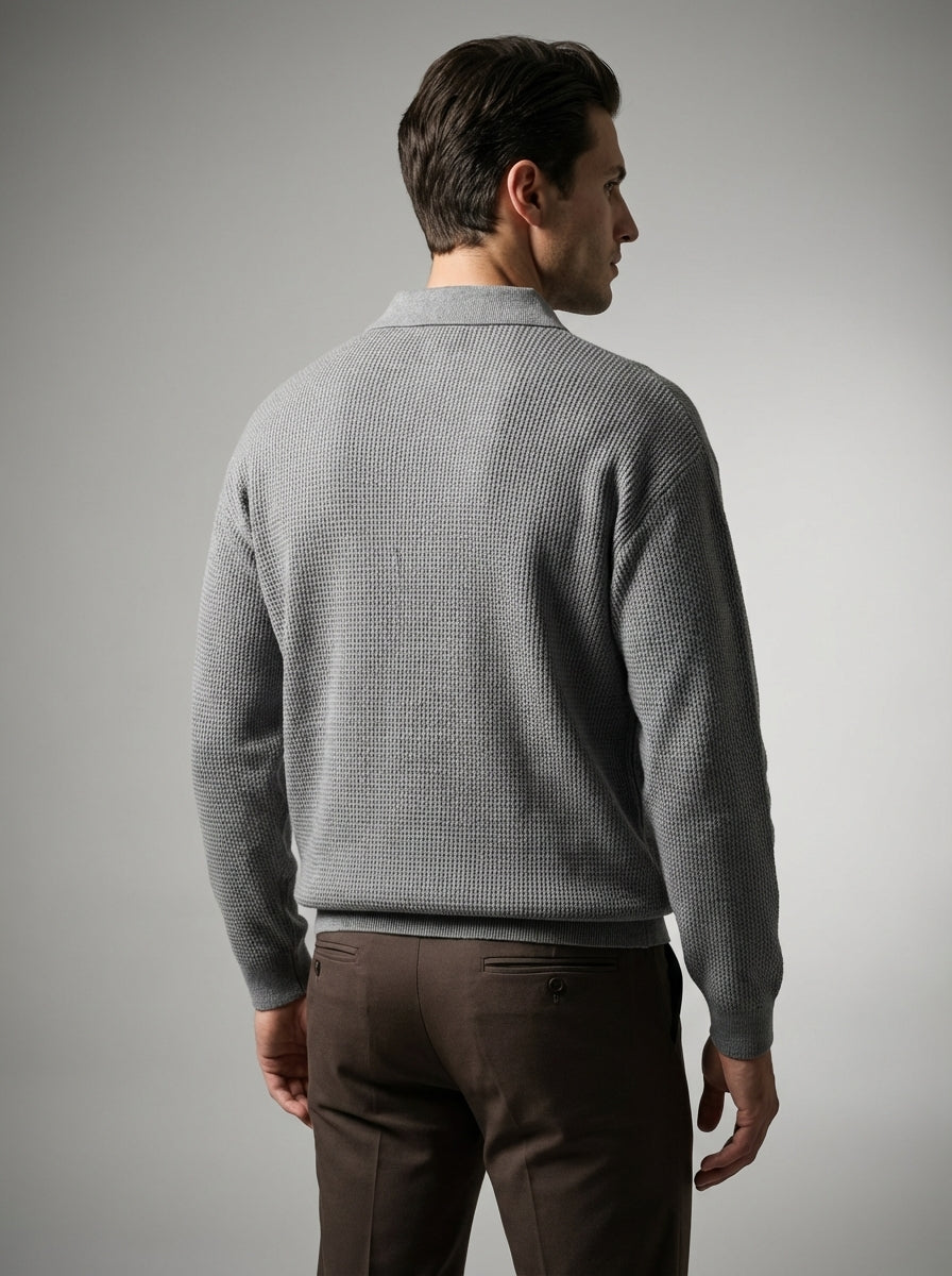 Men's Oversized Waffle Knit Long Sleeve Polo Shirt