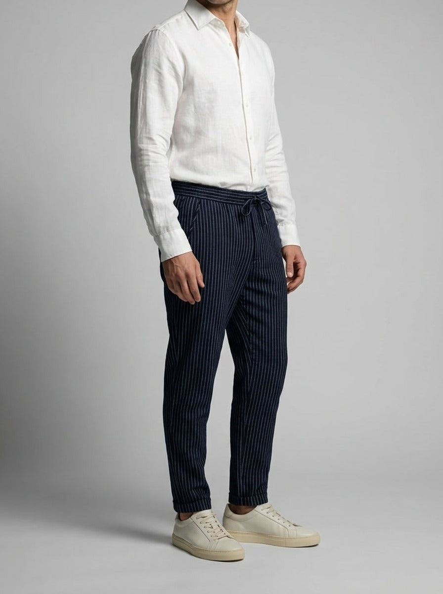 Men's Pinstripe Drawstring Tapered Trousers