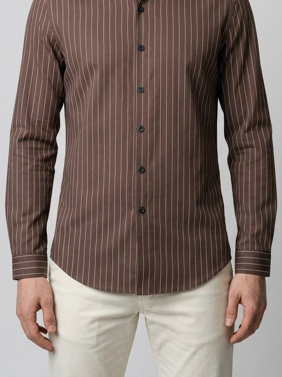 Men's Pinstripe Slim Fit Long Sleeve Point Collar Summer Shirt